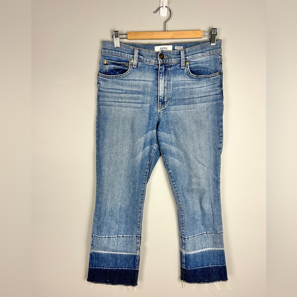 PISTOLA Cropped Bootcut Jeans‎ Sz 29 Boho Ombre Dropped Hem Stretch Festival